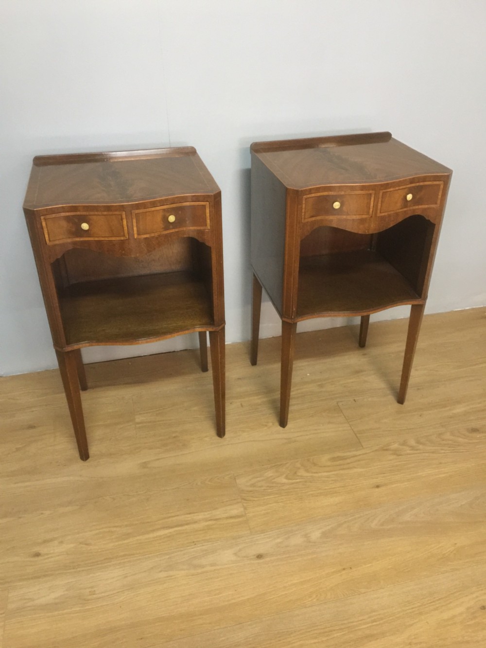 Pair of Sheraton style inlaid mahogany bedside tables circa 1920