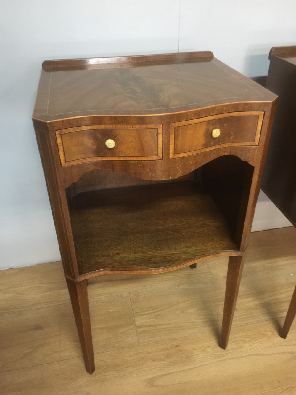 Pair of Sheraton style inlaid mahogany bedside tables circa 1920 View II