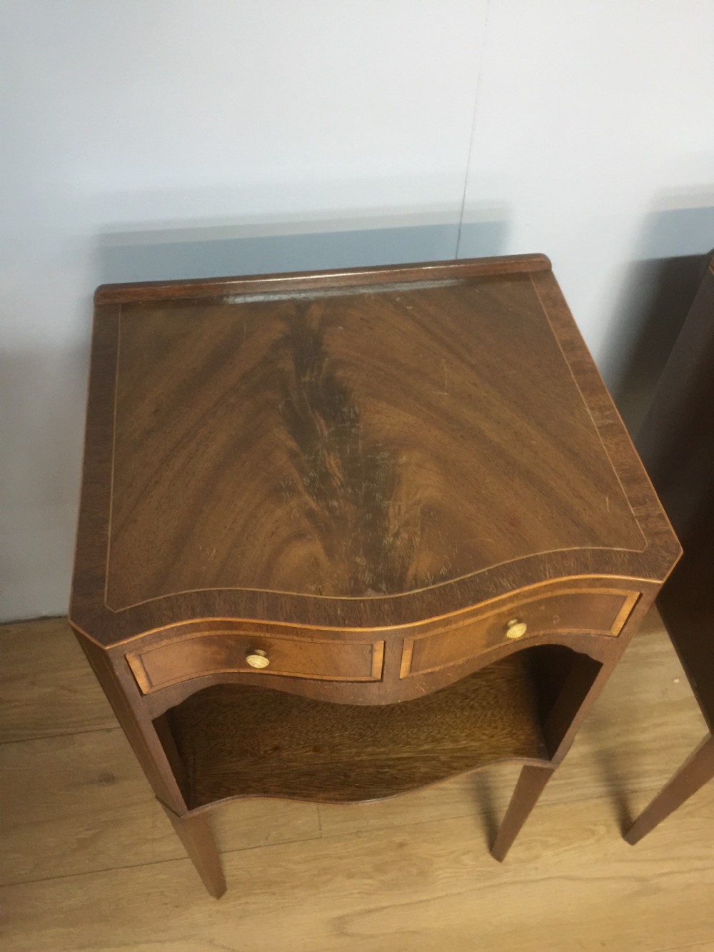 Pair of Sheraton style inlaid mahogany bedside tables circa 1920 View III