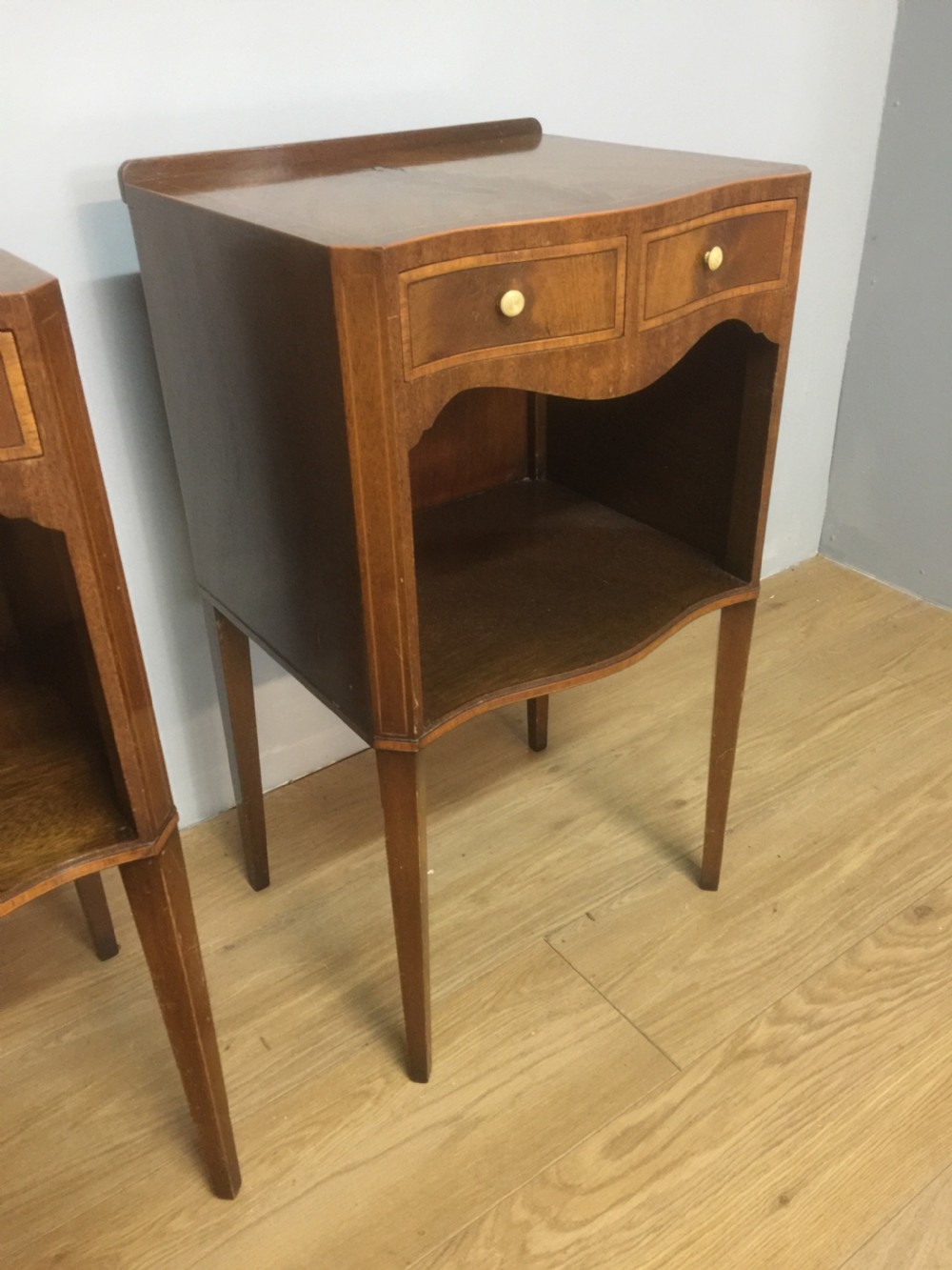 Pair of Sheraton style inlaid mahogany bedside tables circa 1920 View IV