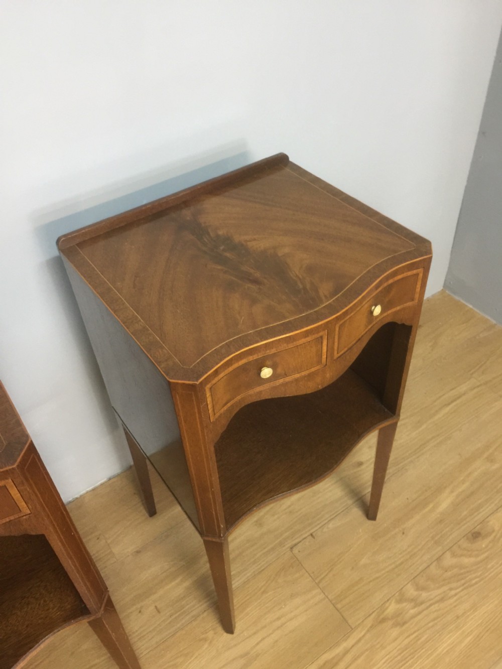 Pair of Sheraton style inlaid mahogany bedside tables circa 1920 View V