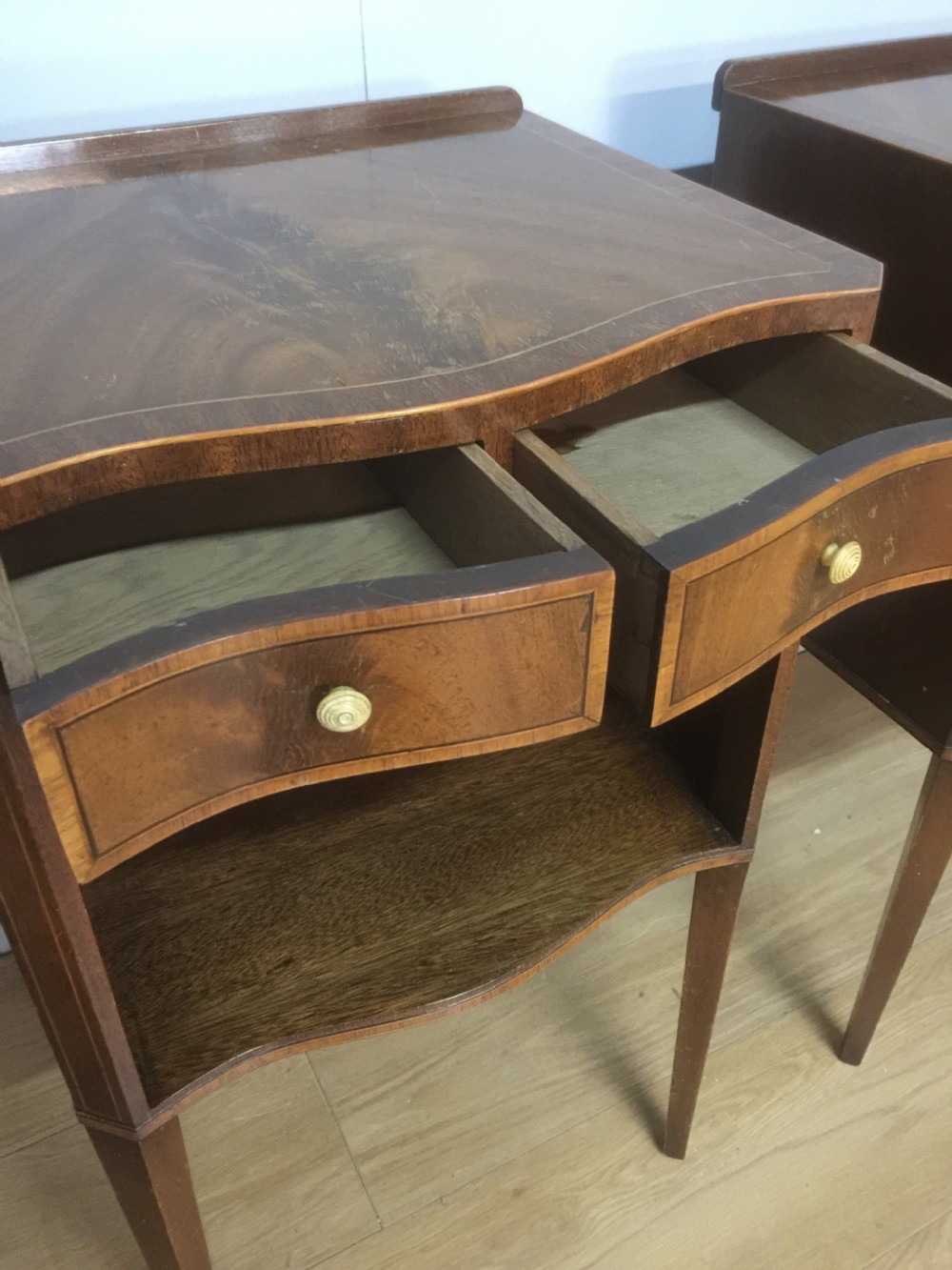Pair of Sheraton style inlaid mahogany bedside tables circa 1920 View X