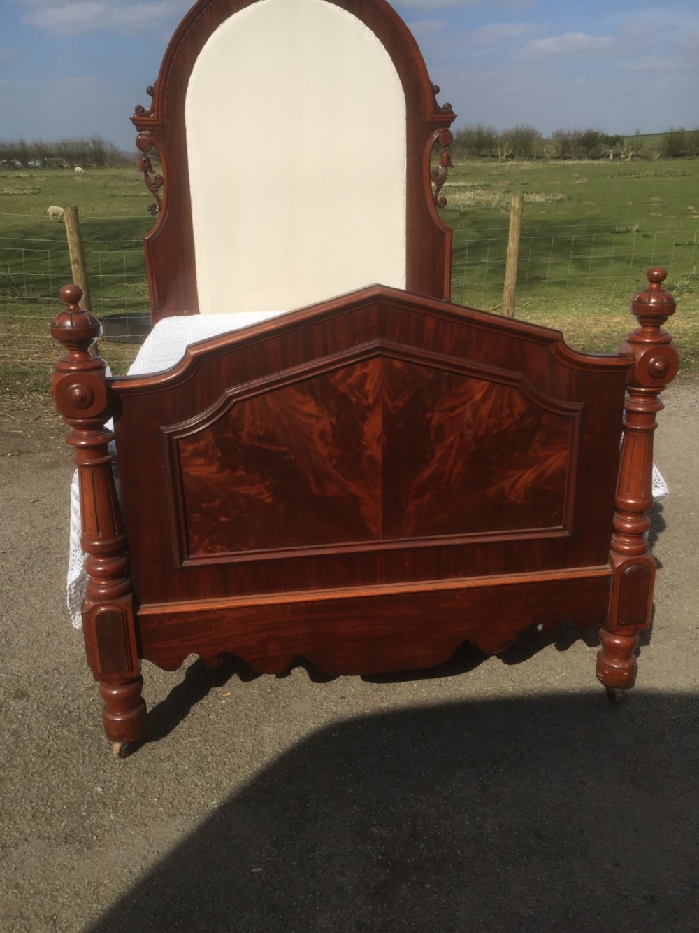 Nineteenth century flame mahogany double bed  View III
