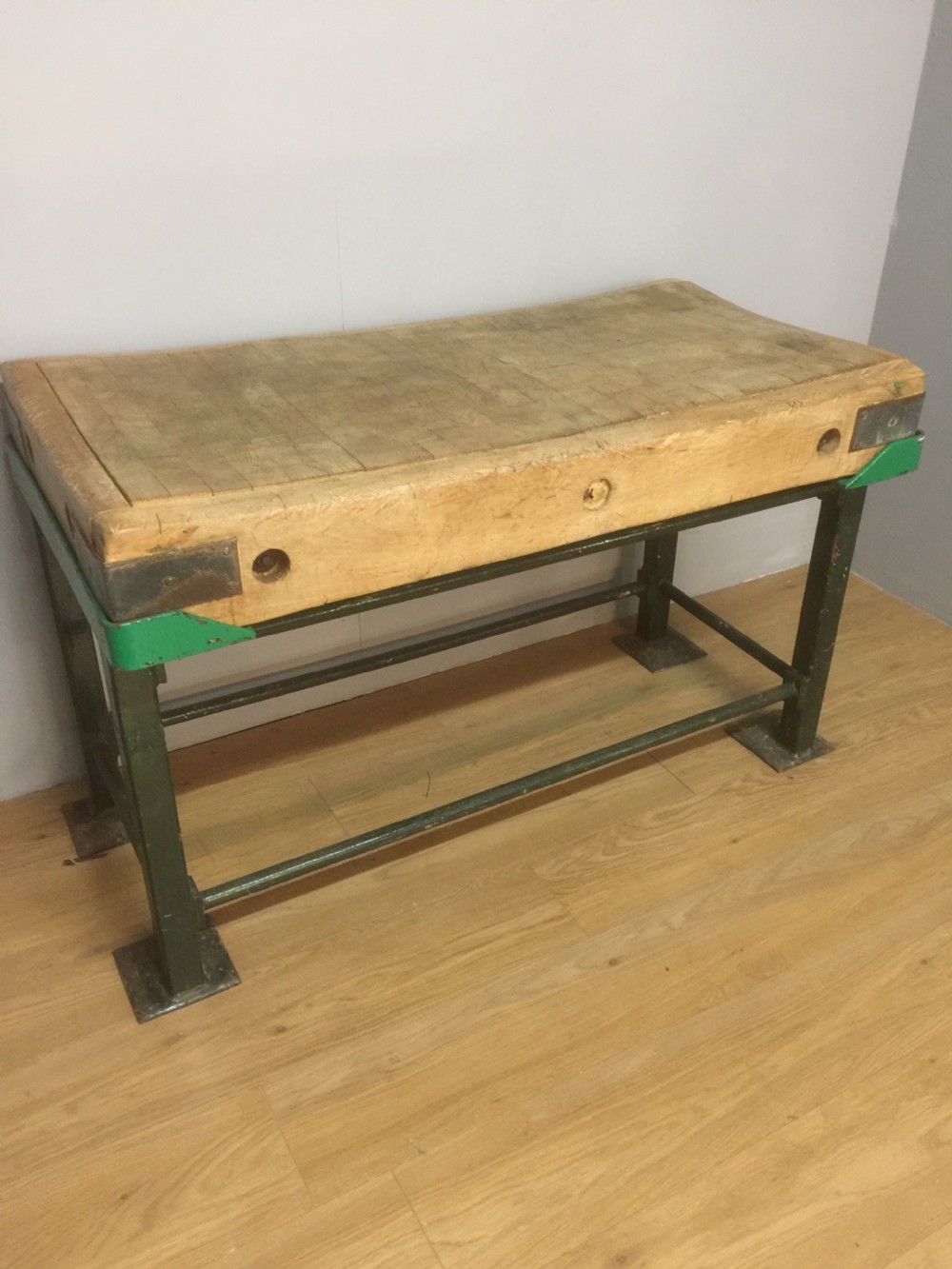 Original beech butchers block on an iron stand circa 1920