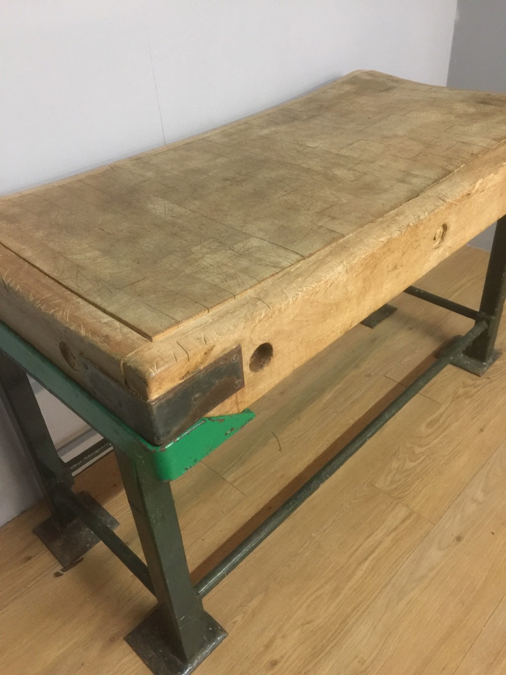 Original beech butchers block on an iron stand circa 1920 View II