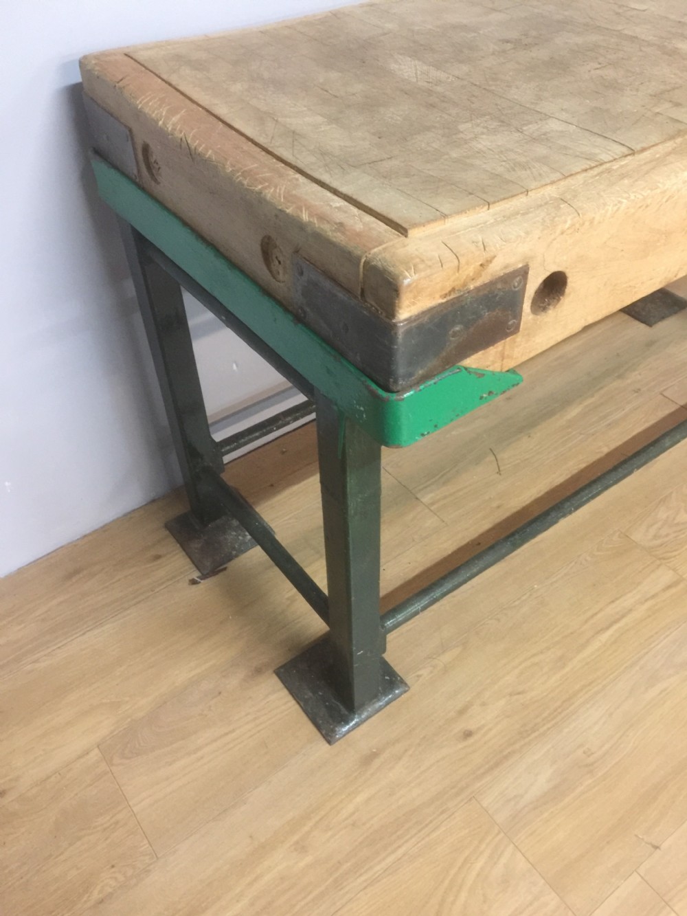 Original beech butchers block on an iron stand circa 1920 View III