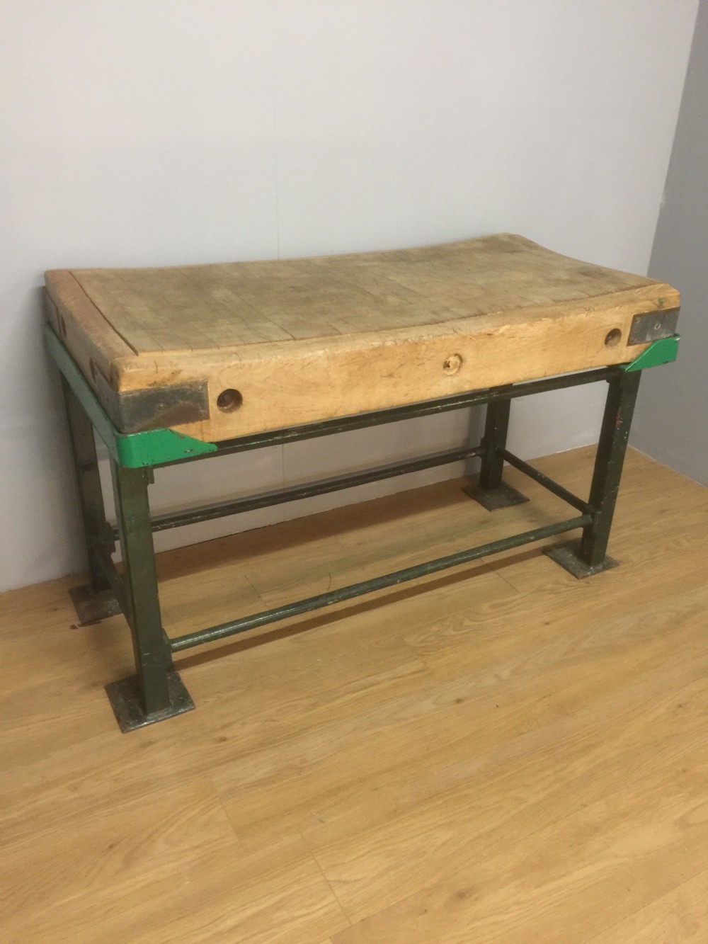 Original beech butchers block on an iron stand circa 1920 View IV