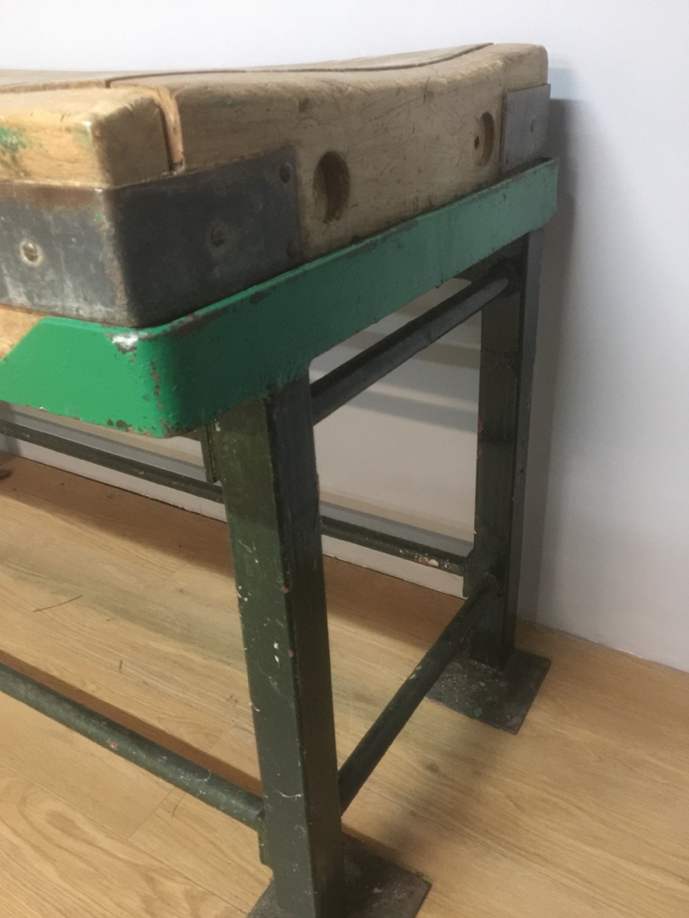 Original beech butchers block on an iron stand circa 1920 View V