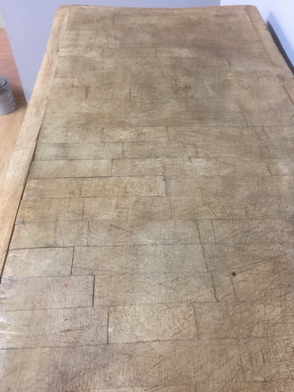 Original beech butchers block on an iron stand circa 1920 View VI