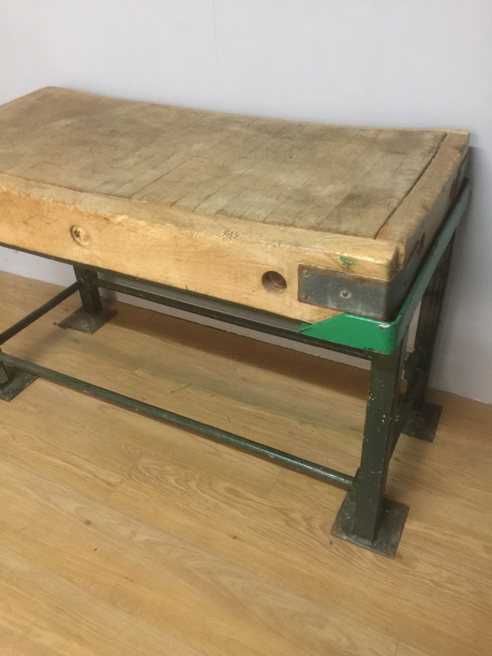 Original beech butchers block on an iron stand circa 1920 View VIII
