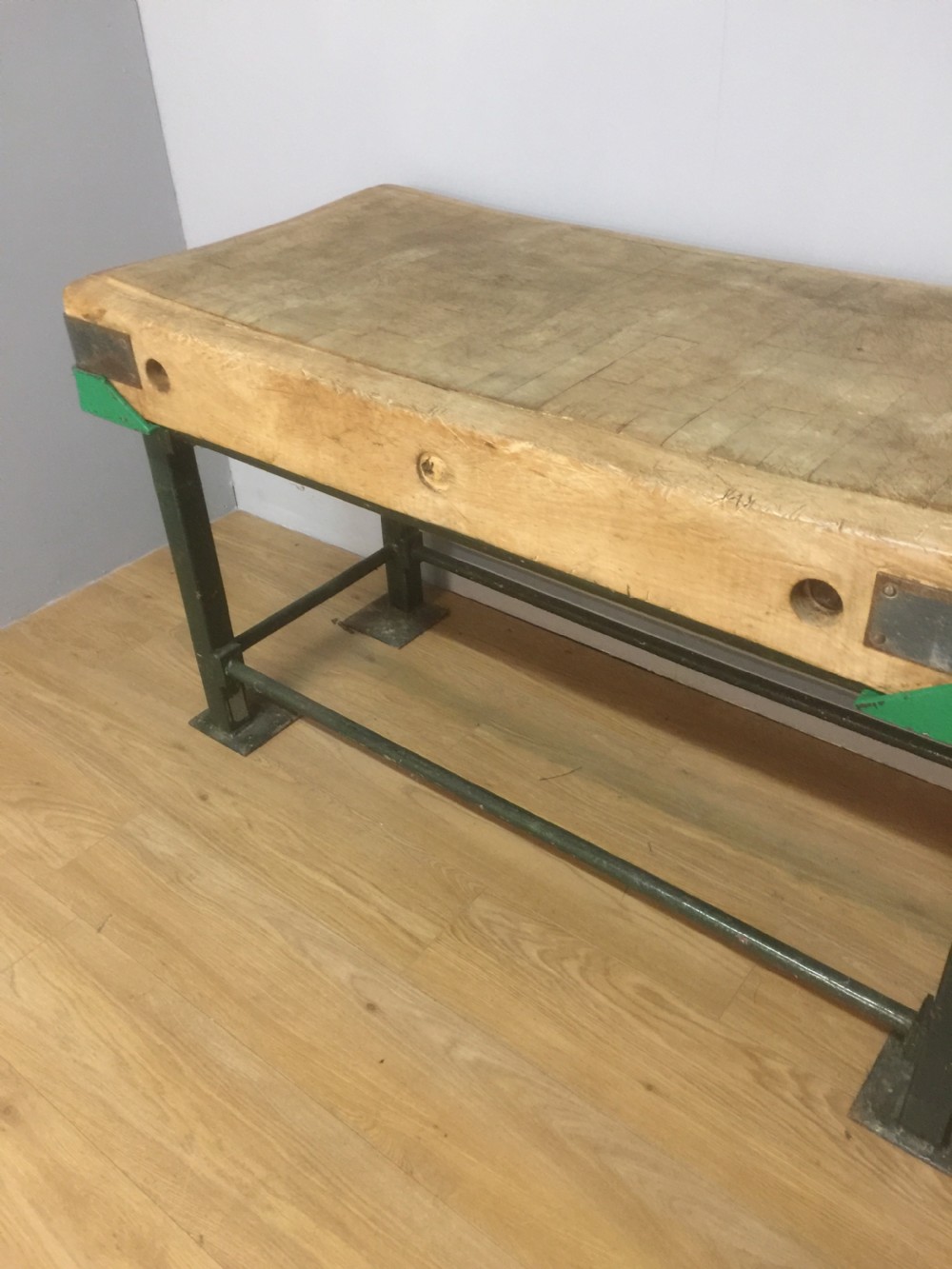 Original beech butchers block on an iron stand circa 1920 View IX