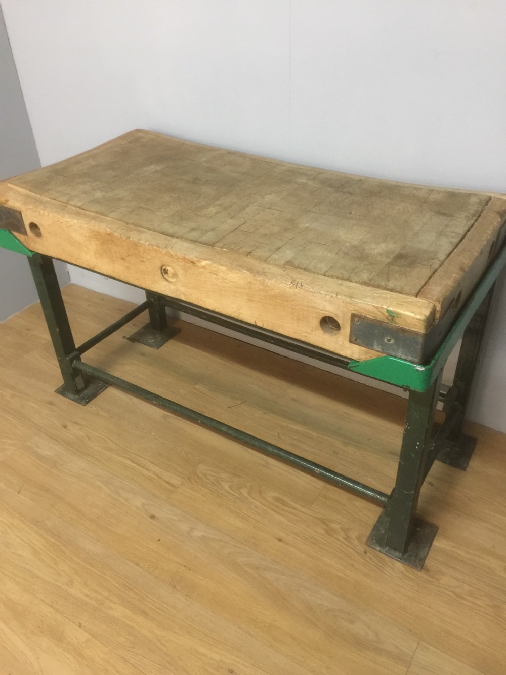 Original beech butchers block on an iron stand circa 1920 View X