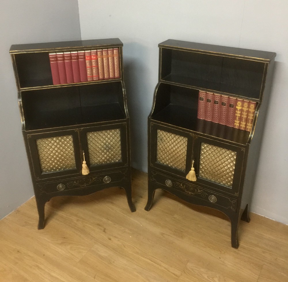 Pair Of Small Regency Style Open Bookcases Over Cupboards Circa