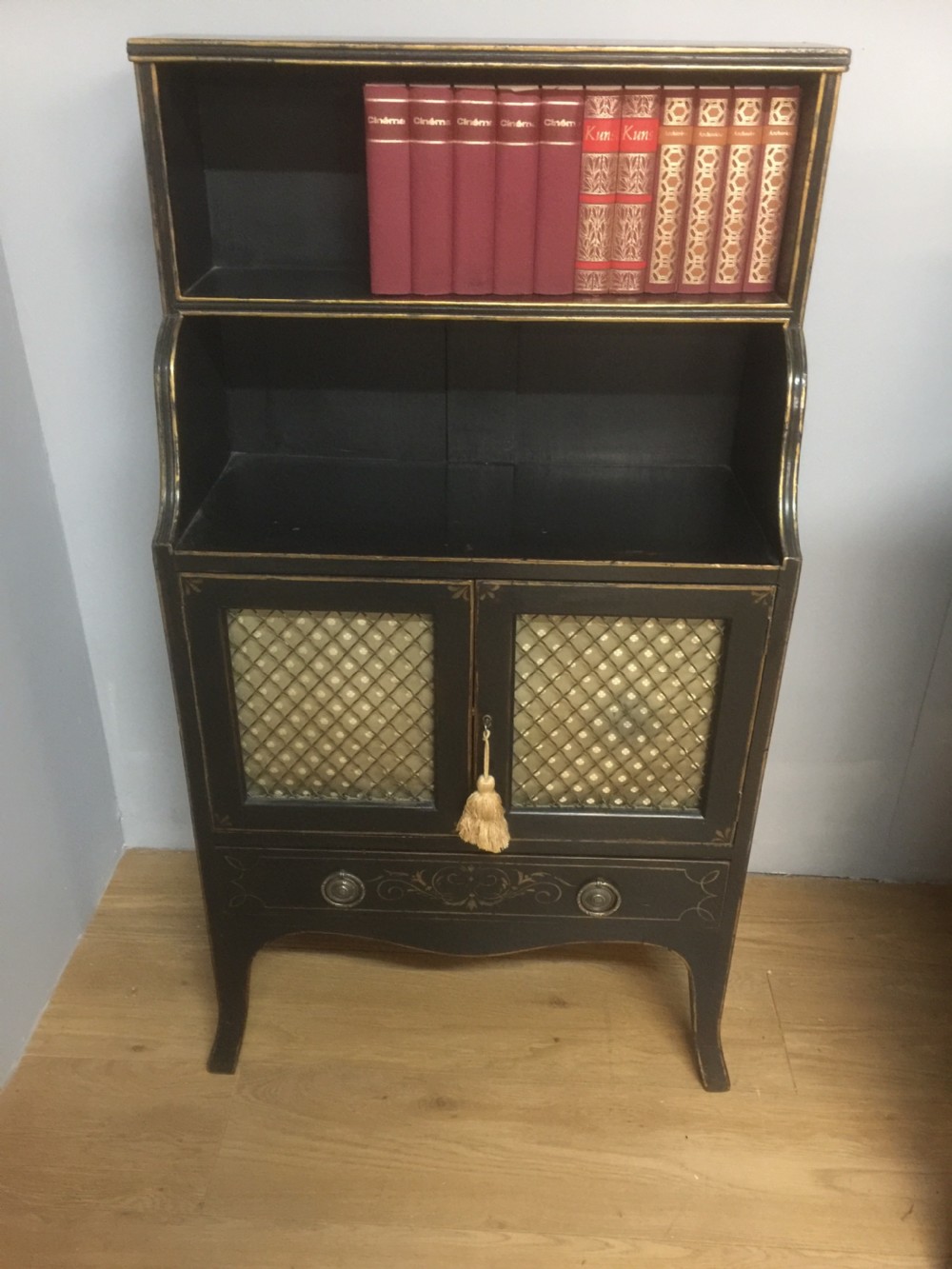 Pair of small Regency style open bookcases over cupboards circa 1910 View X