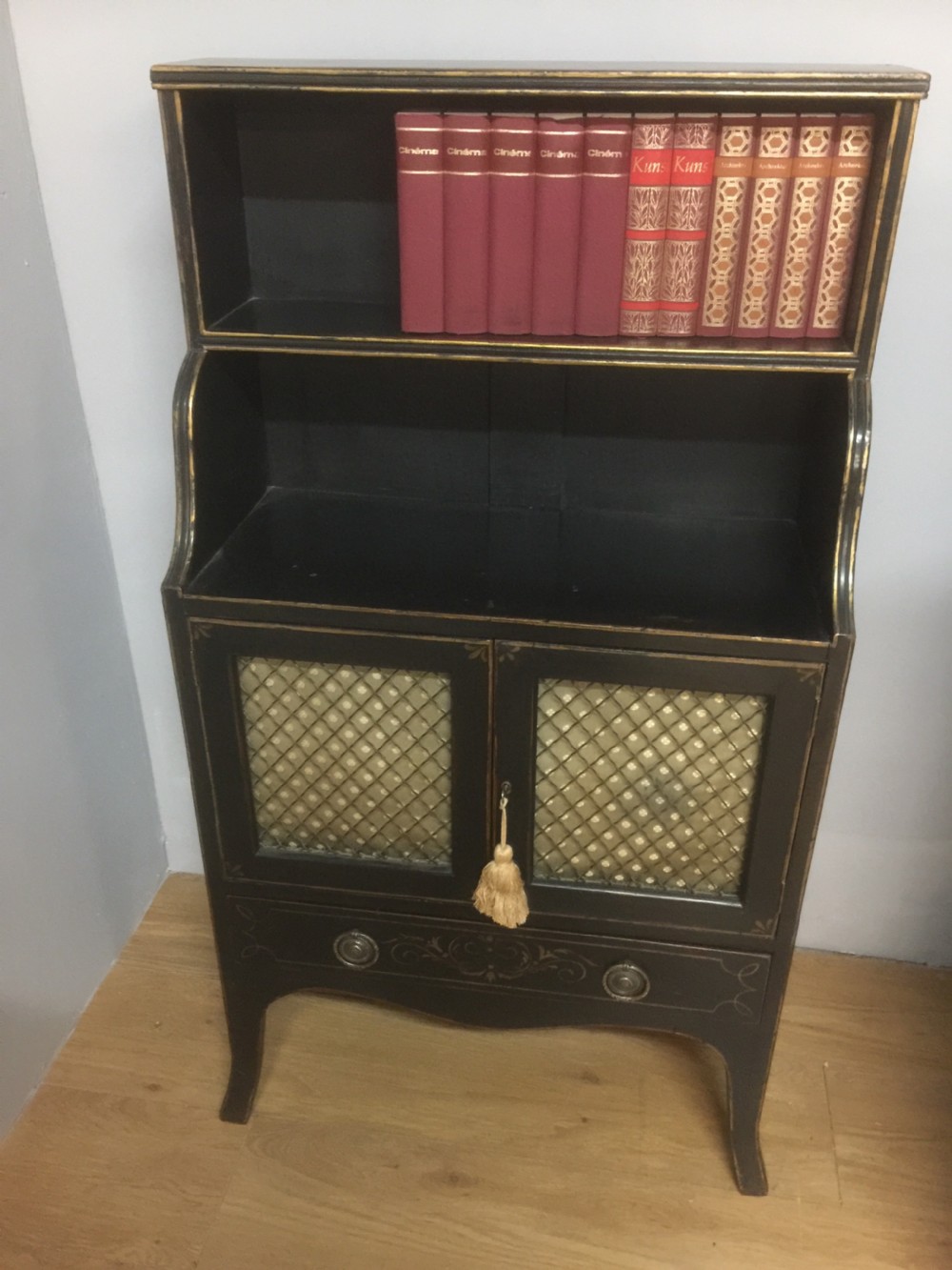 Pair of small Regency style open bookcases over cupboards circa 1910 View XII