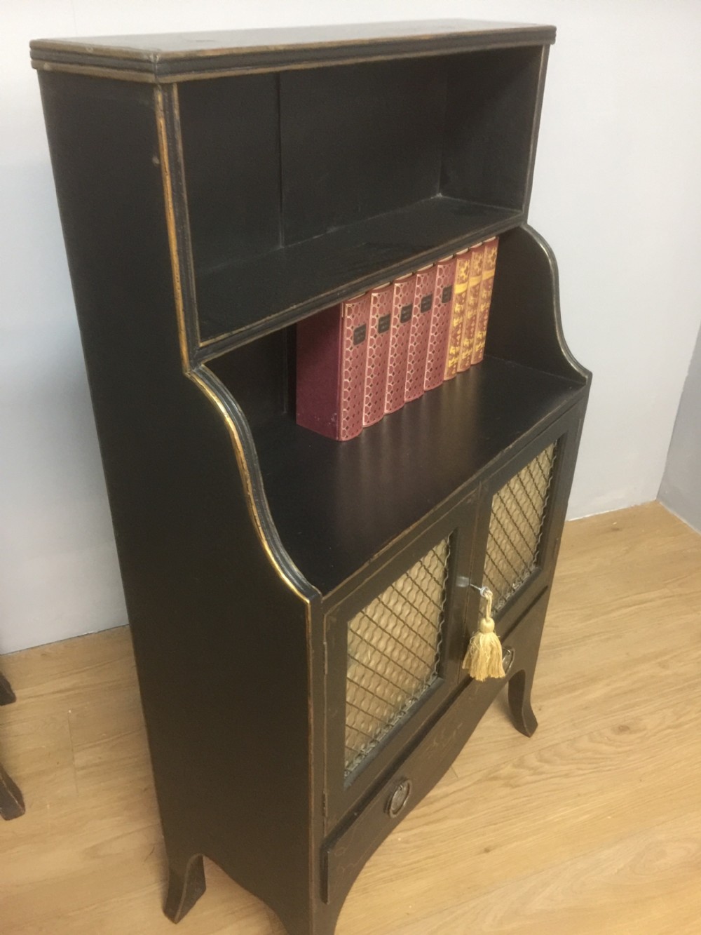 Pair of small Regency style open bookcases over cupboards circa 1910 View XIII