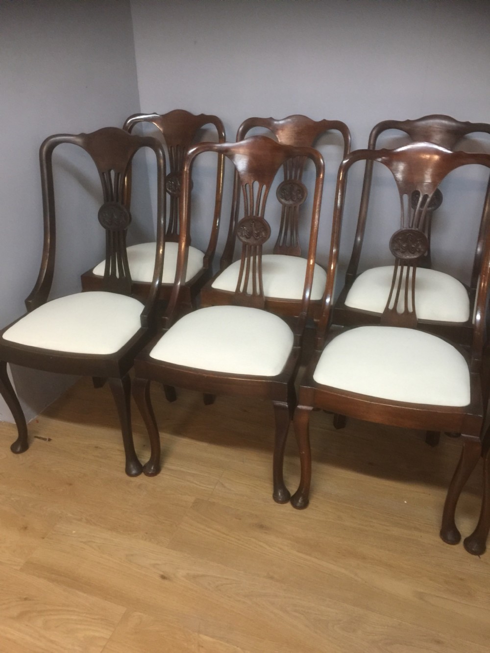 Set of 10 Edwardian mahogany dining chairs on cabriole legs View IV