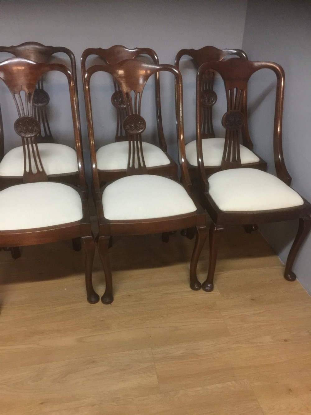 Set of 10 Edwardian mahogany dining chairs on cabriole legs View V