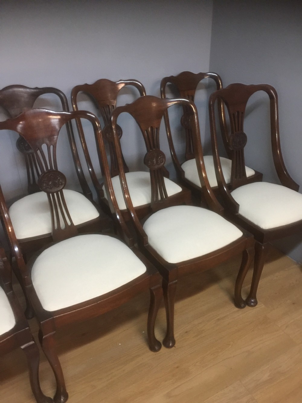 Set of 10 Edwardian mahogany dining chairs on cabriole legs View VI