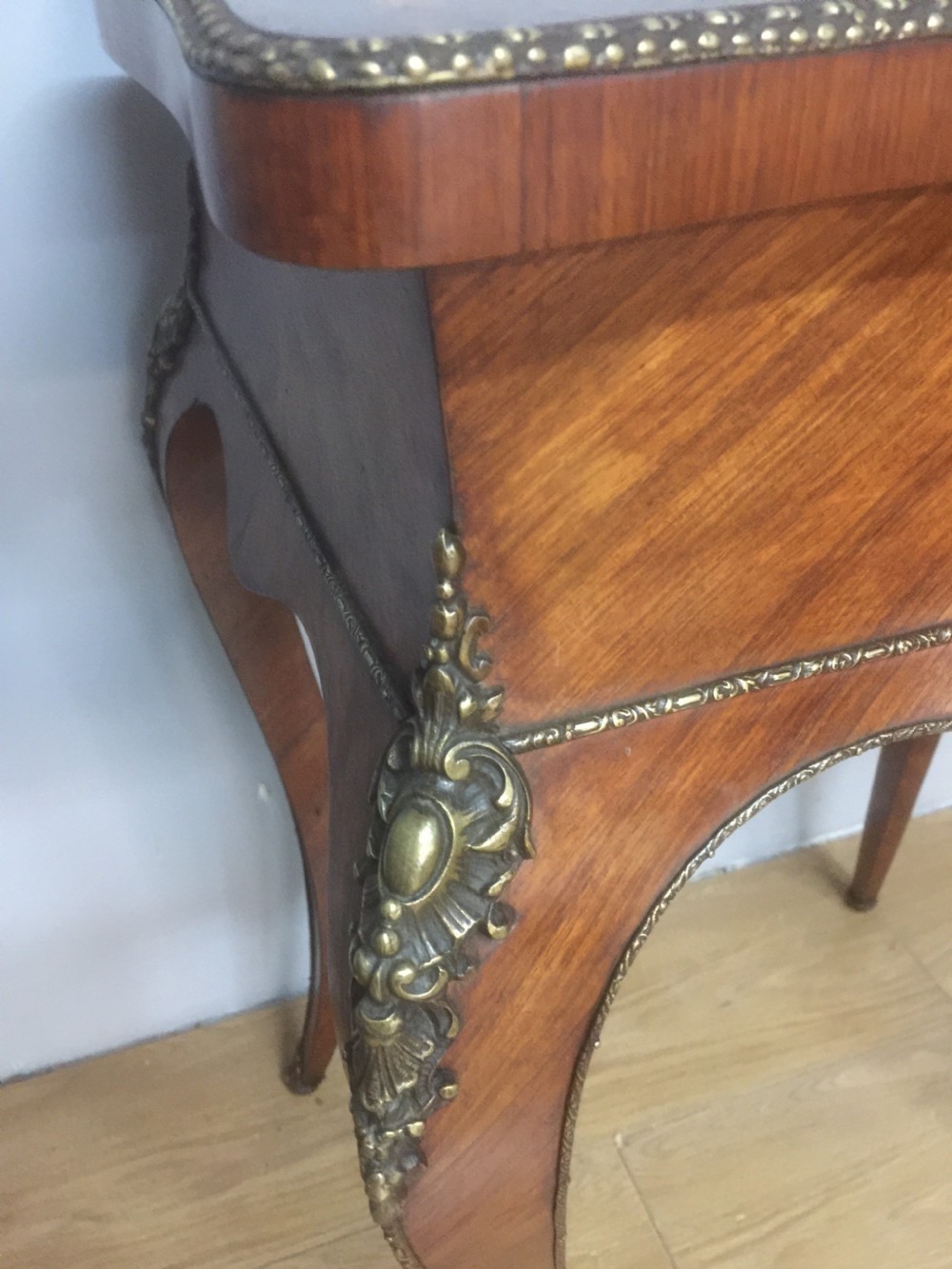 Nineteenth century French work table with parquetry top and ormolu mounts View III