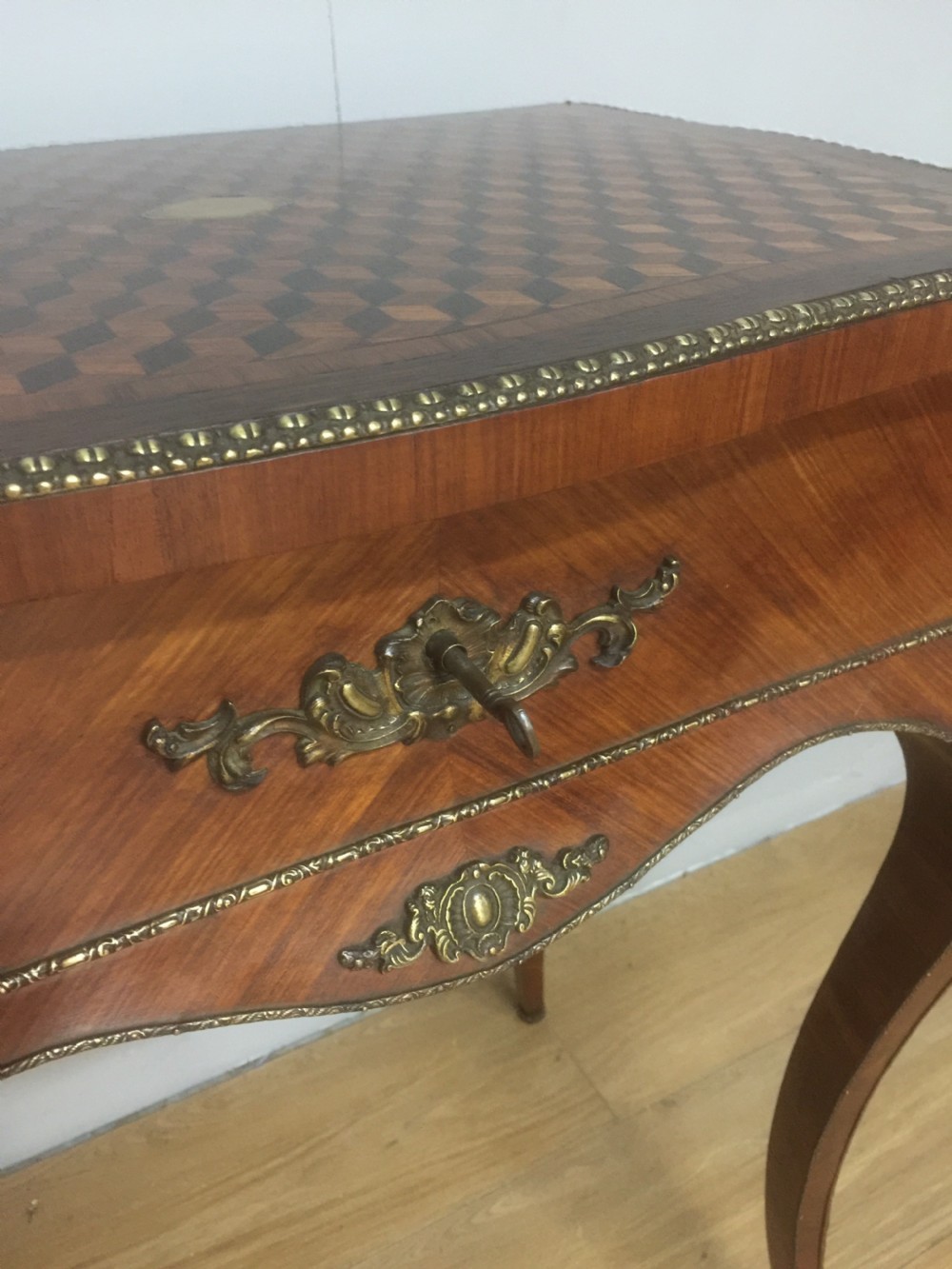 Nineteenth century French work table with parquetry top and ormolu mounts View IV
