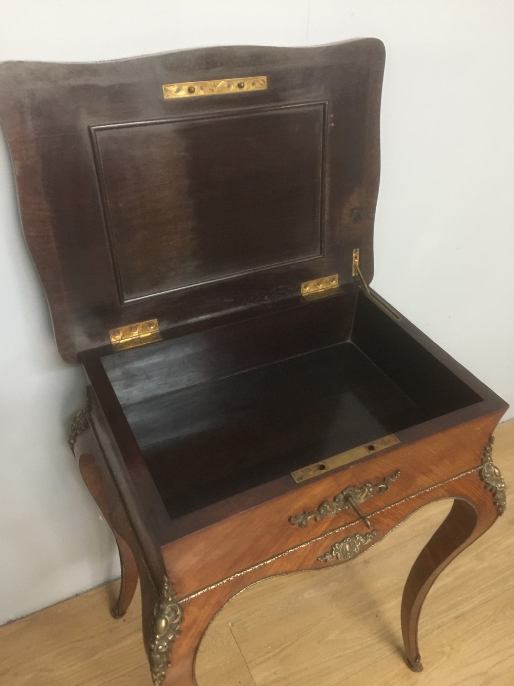 Nineteenth century French work table with parquetry top and ormolu mounts View VII