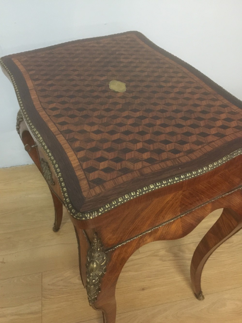 Nineteenth century French work table with parquetry top and ormolu mounts View XII