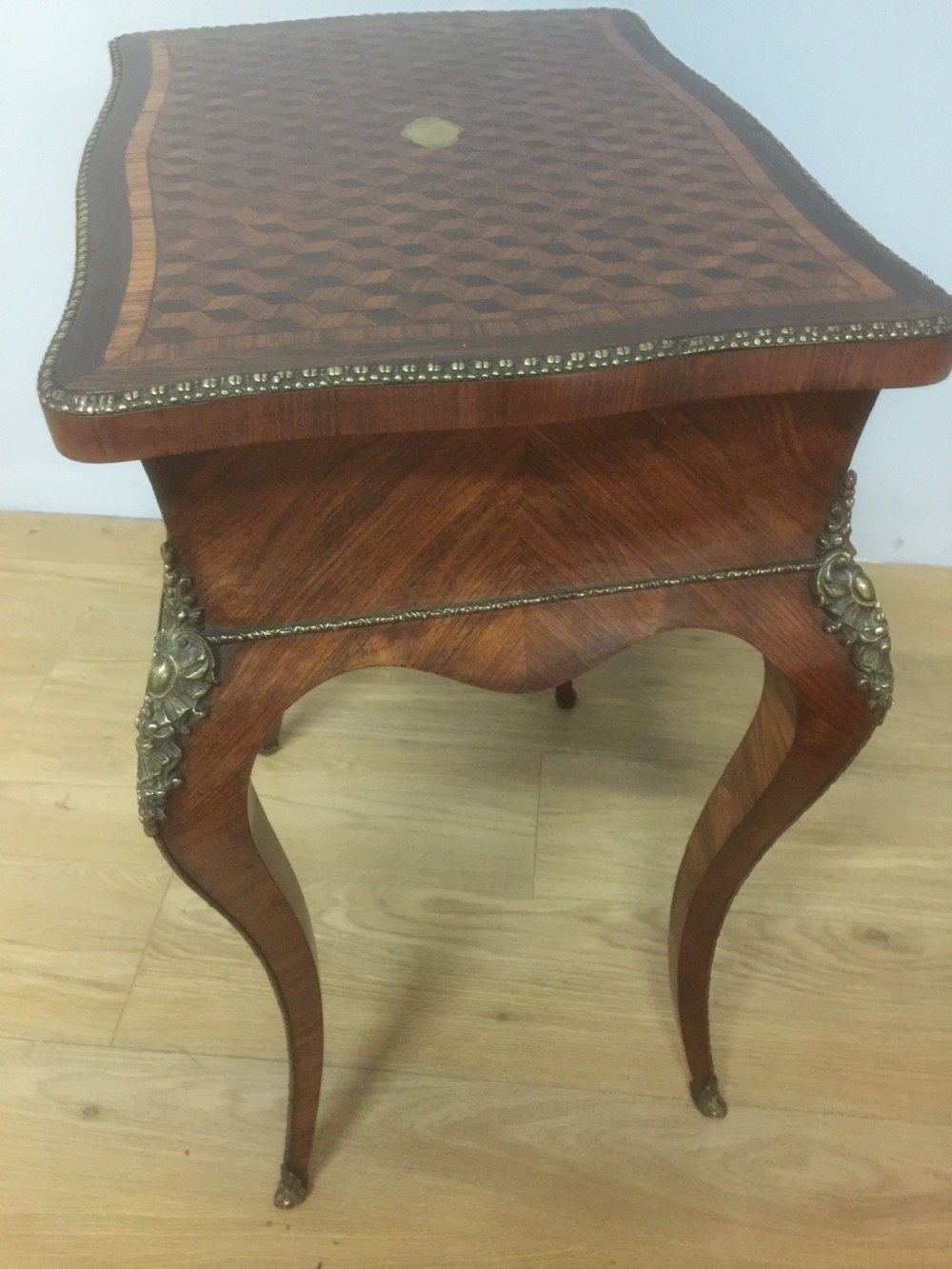 Nineteenth century French work table with parquetry top and ormolu mounts View XIII