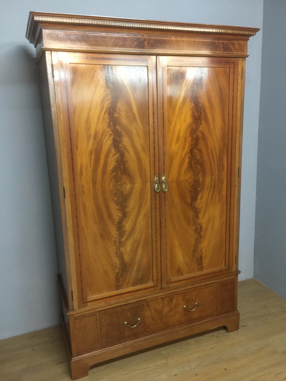Edwardian flame mahogany inlaid double wardrobe  View II