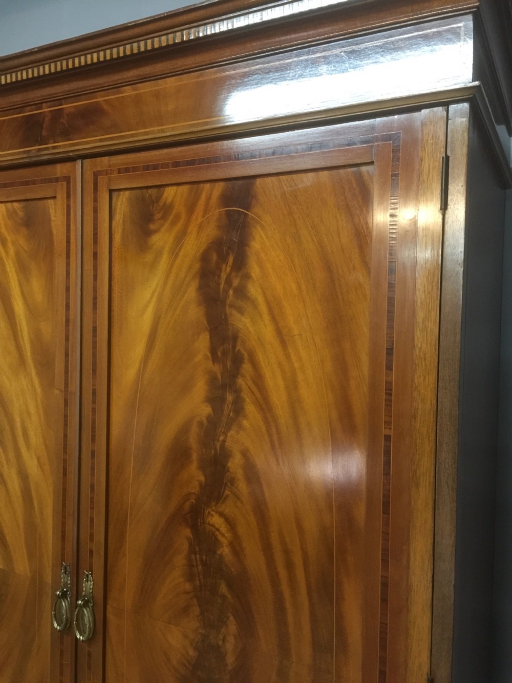 Edwardian flame mahogany inlaid double wardrobe  View III