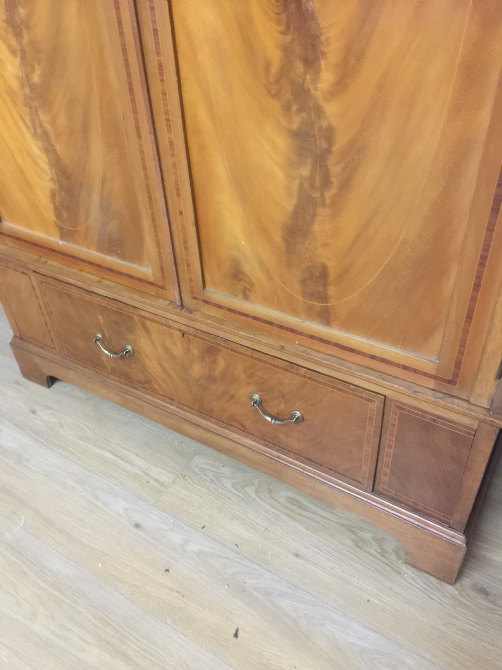 Edwardian flame mahogany inlaid double wardrobe  View IV