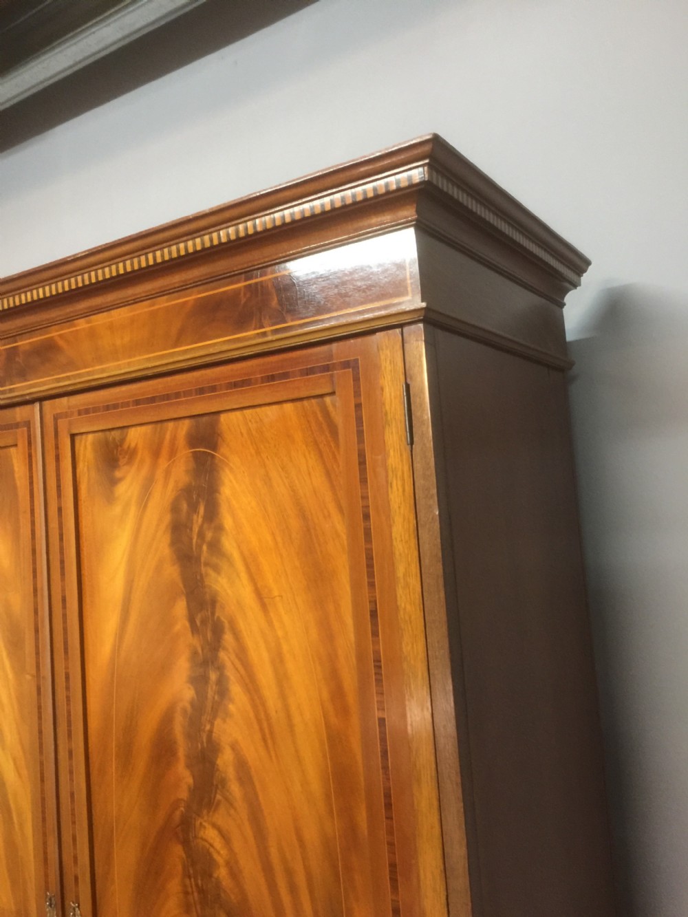 Edwardian flame mahogany inlaid double wardrobe  View V