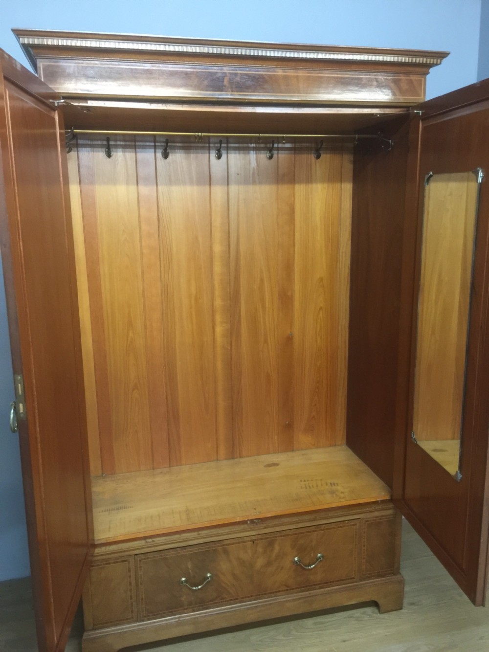 Edwardian flame mahogany inlaid double wardrobe  View VI