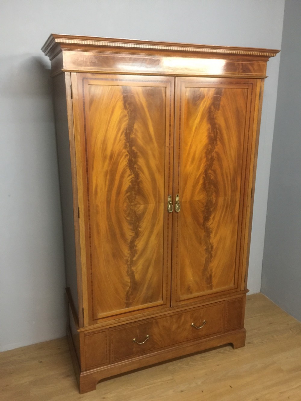 Edwardian flame mahogany inlaid double wardrobe  View IX