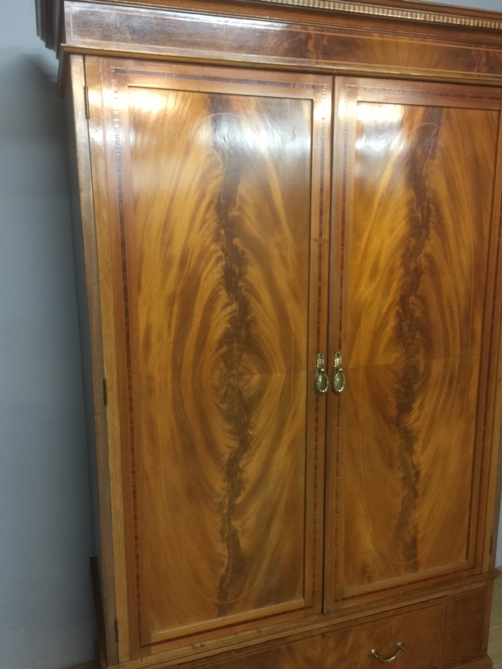 Edwardian flame mahogany inlaid double wardrobe  View X