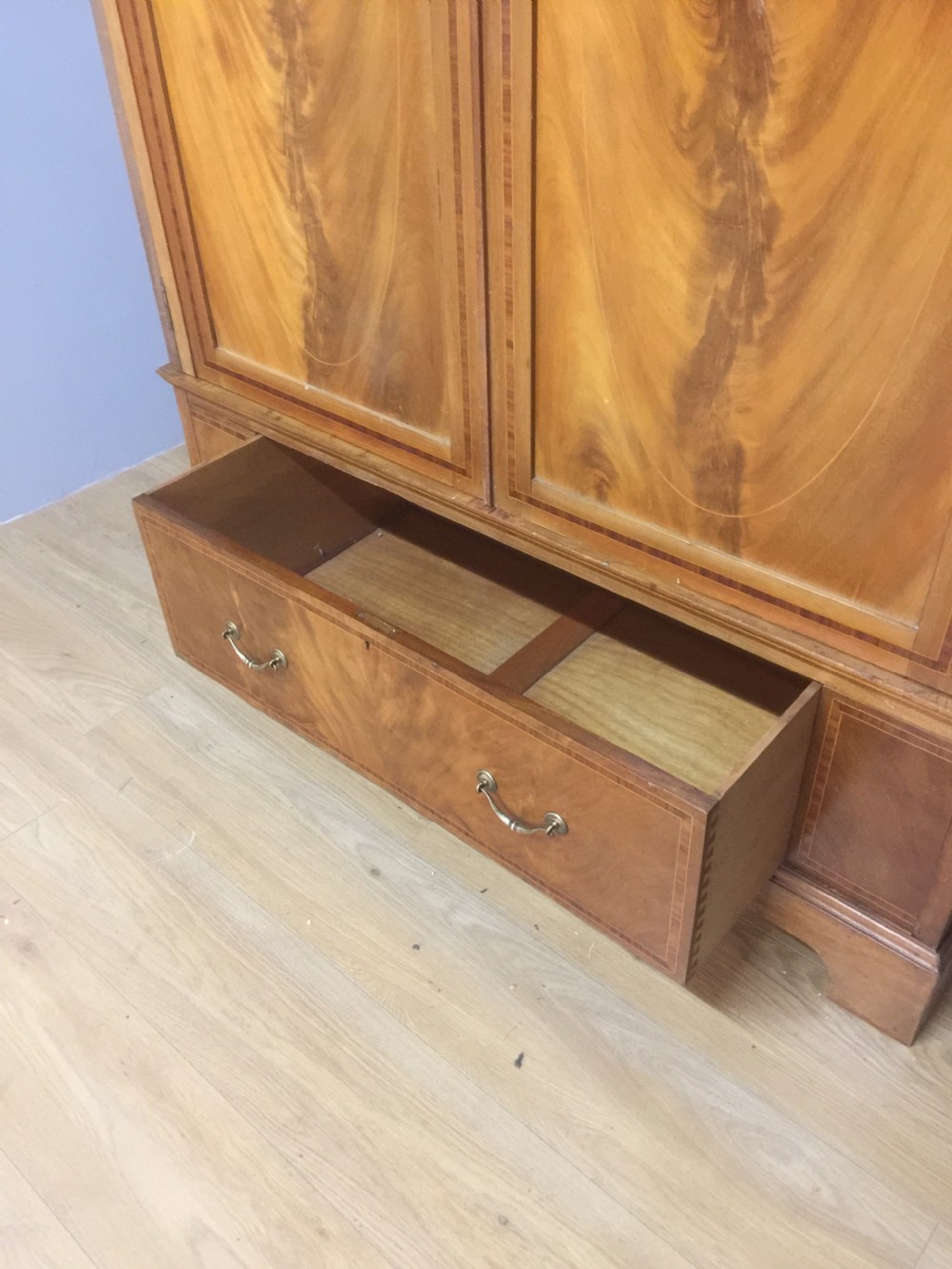 Edwardian flame mahogany inlaid double wardrobe  View XI
