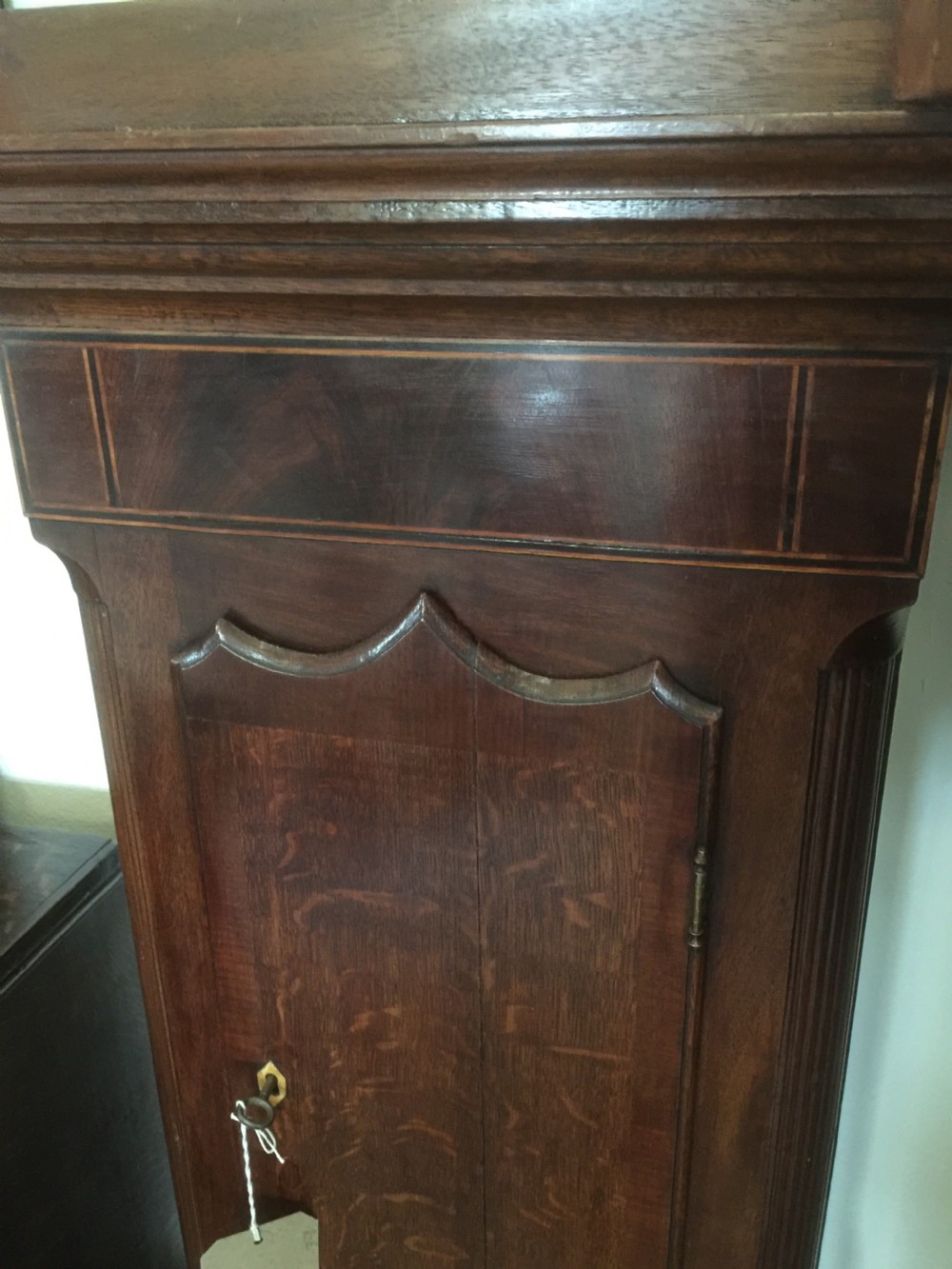 Nineteenth century eight day inlaid oak long case clock by James Chapman of March  View V