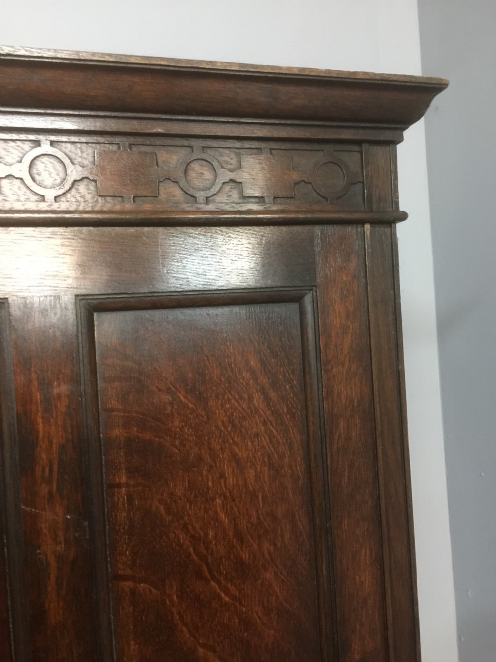 Solid oak triple wardrobe by Waring and Gillows circa 1920  View IV