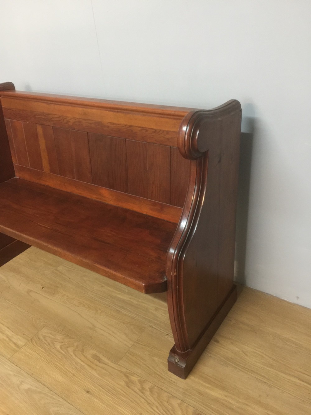 Nineteenth century pitch pine pew of small proportions  View II