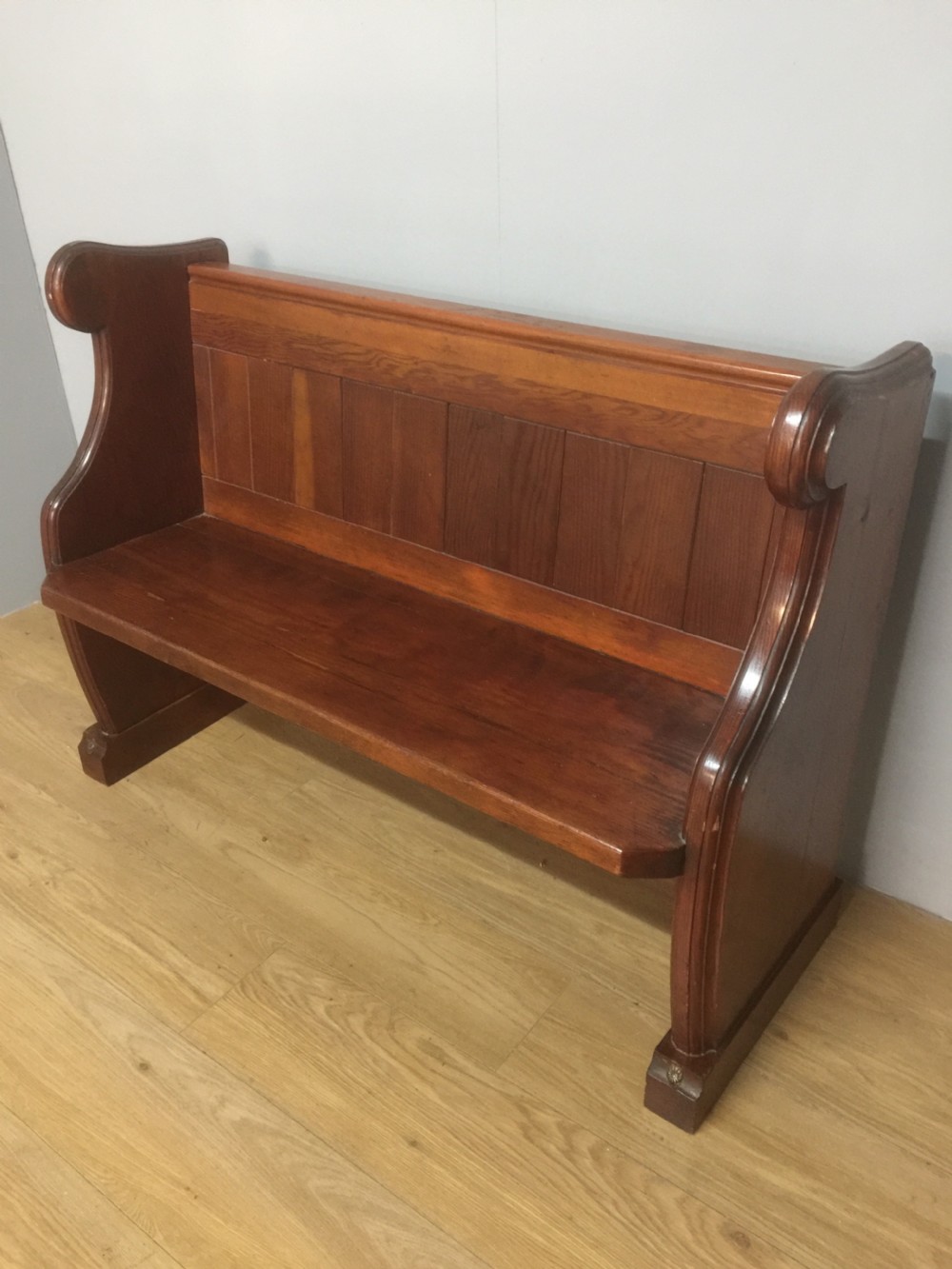 Nineteenth century pitch pine pew of small proportions  View III