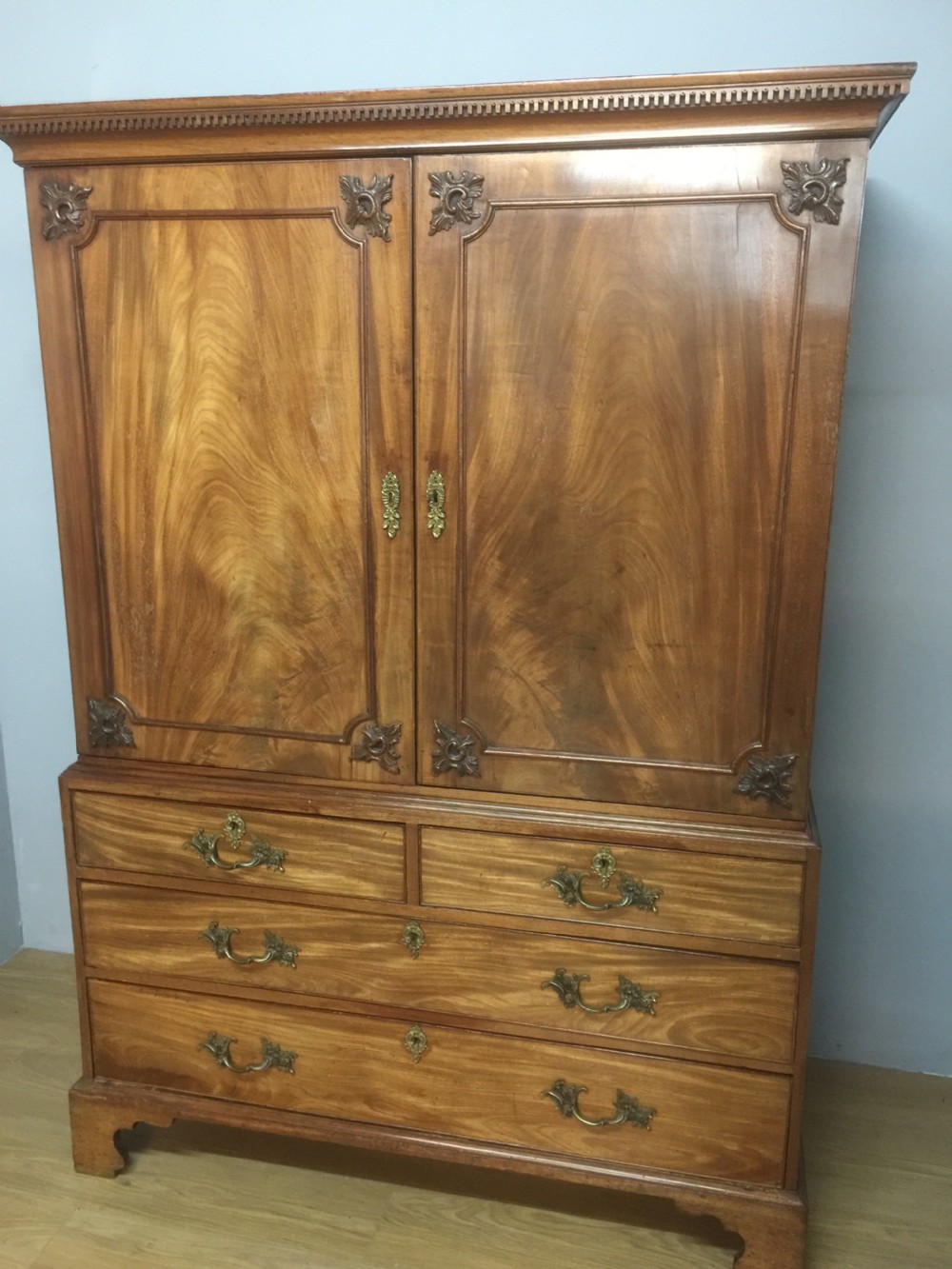 Nineteenth century flame mahogany linen press of small proportions  View XII