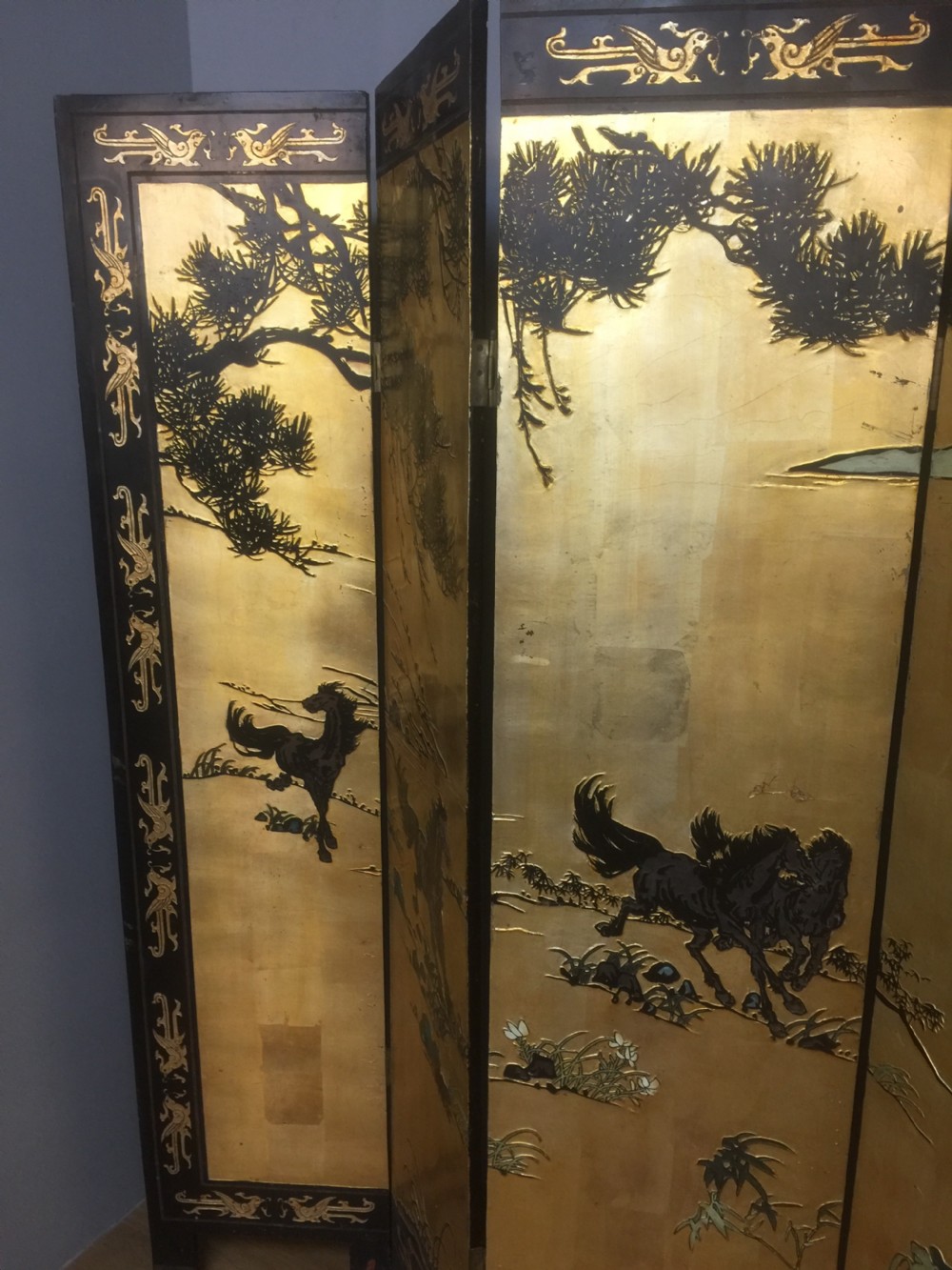 Six panel lacquered Chinese screen circa 1920 View II