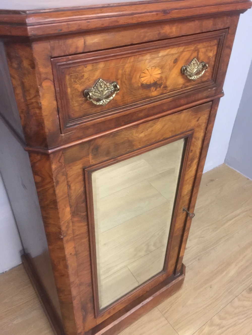 Nineteenth century inlaid burr walnut cabinet with mirrored door View II