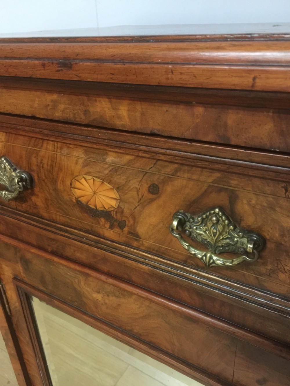 Nineteenth century inlaid burr walnut cabinet with mirrored door View IV