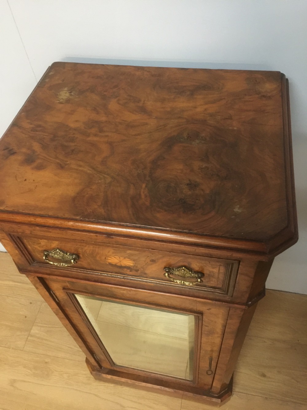 Nineteenth century inlaid burr walnut cabinet with mirrored door View V