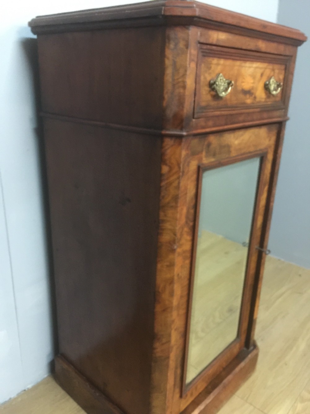 Nineteenth century inlaid burr walnut cabinet with mirrored door View IX
