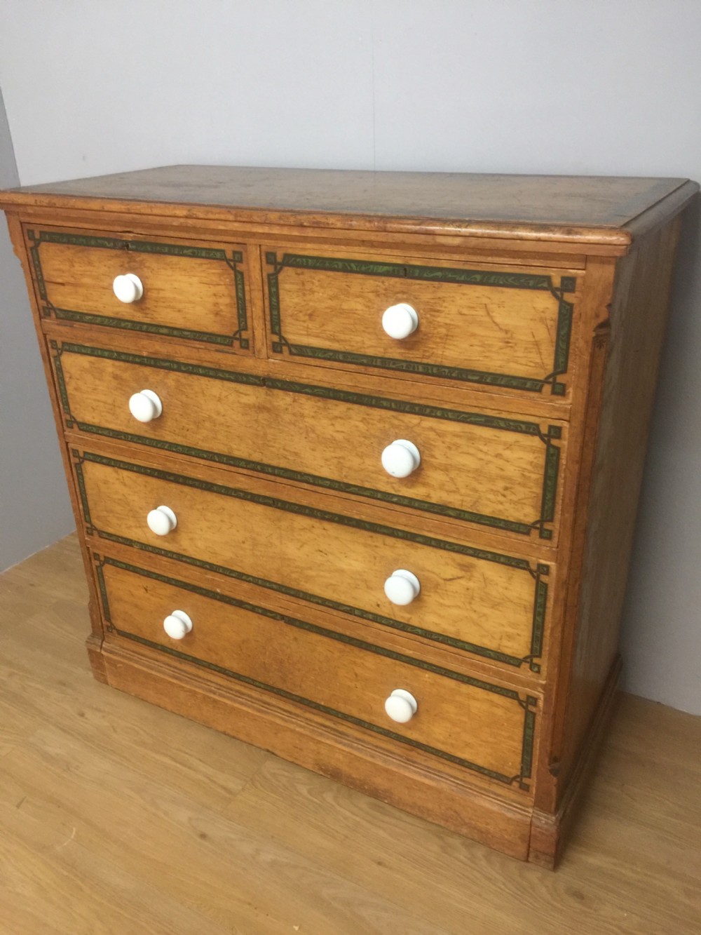 Nineteenth century pine chest of drawers with painted decoration  View II