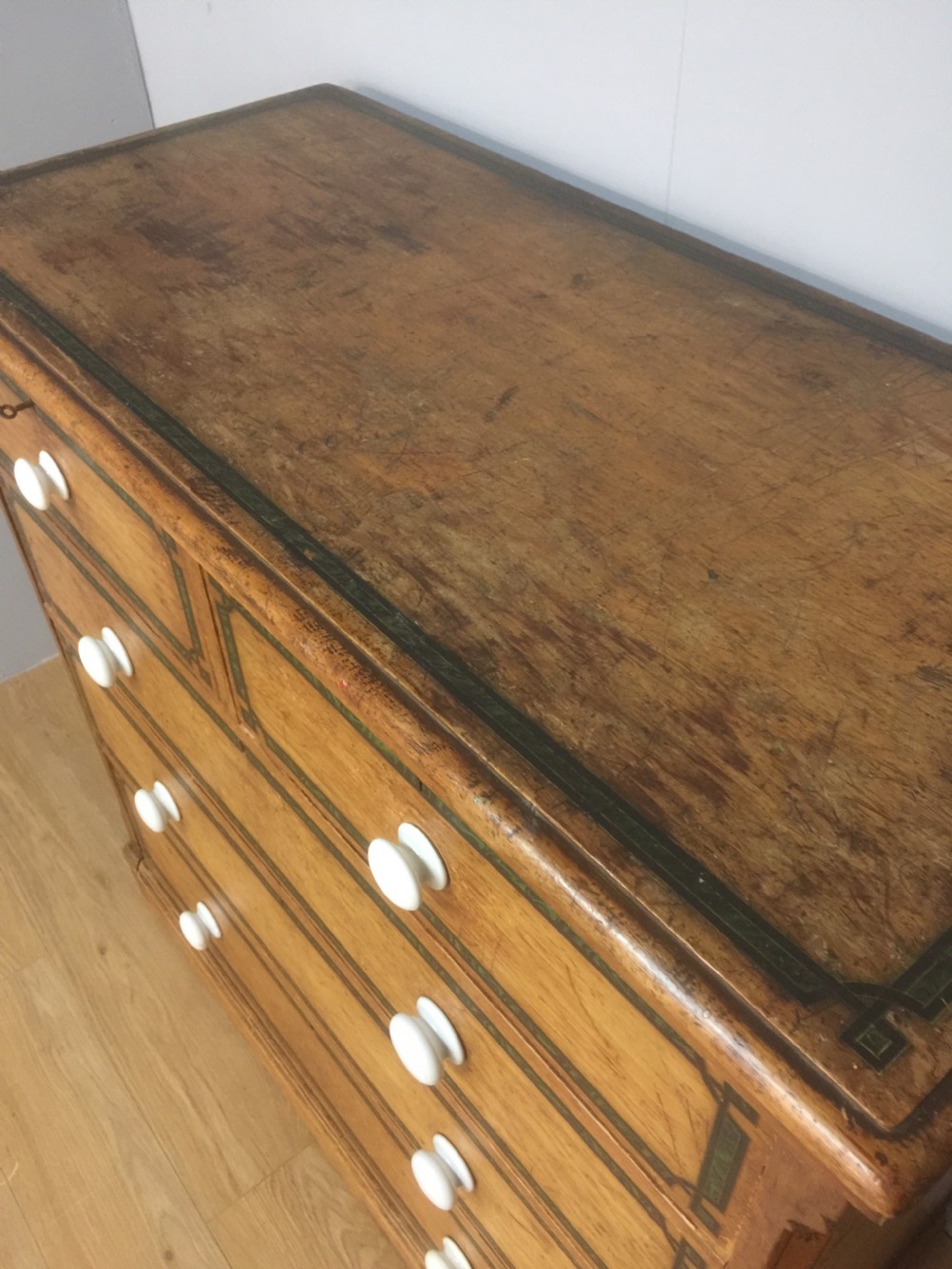 Nineteenth century pine chest of drawers with painted decoration  View V