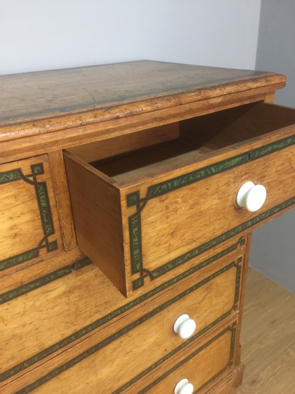 Nineteenth century pine chest of drawers with painted decoration  View VII