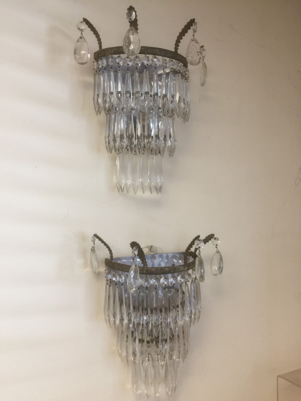 Pair of cut glass wall lights fully complete